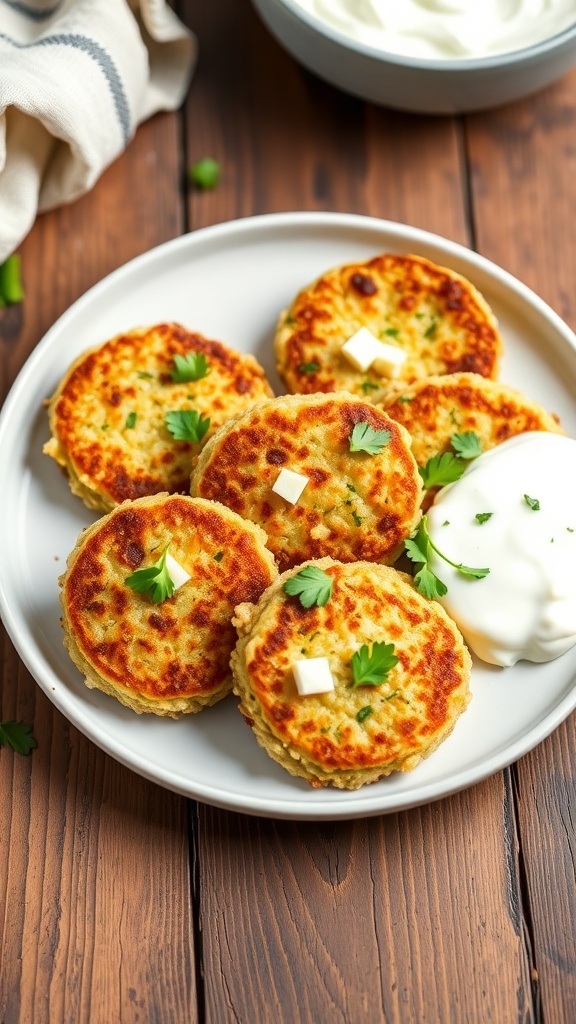 Zucchini and Feta Quinoa Patties Recipe Crispy zucchini and feta quinoa patties on a plate with parsley and yogurt dip.